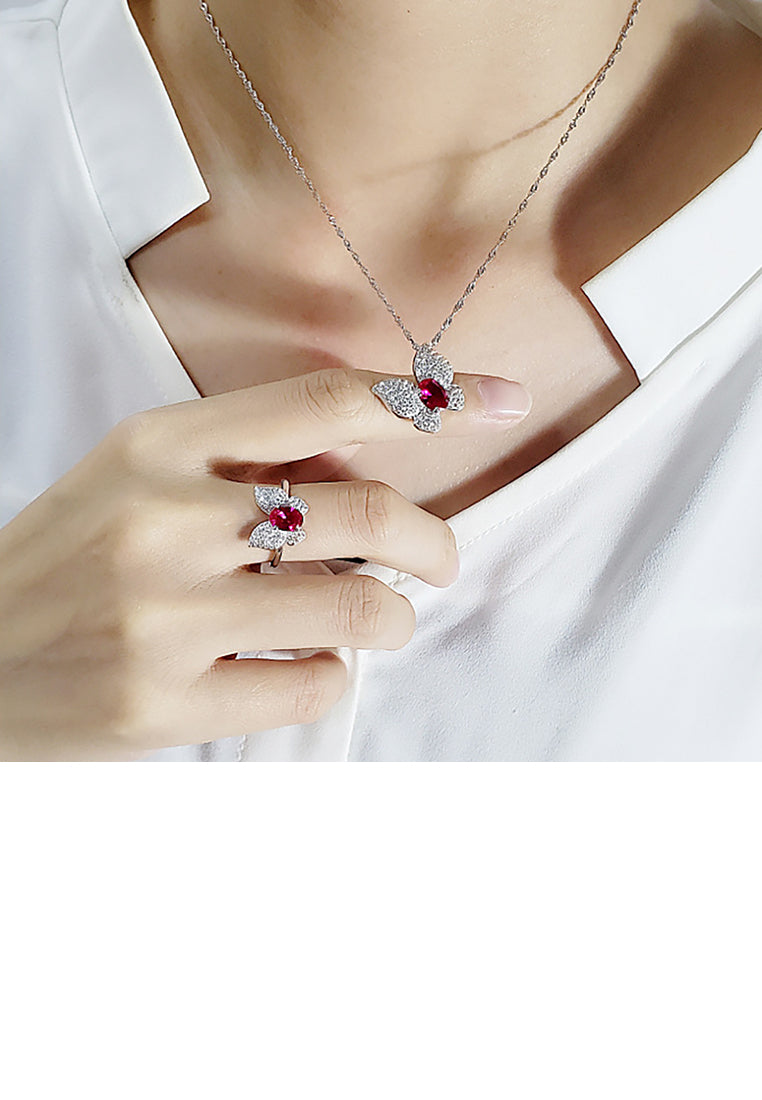 925 Sterling Silver Fashion and Elegant Butterfly Rose Red Cubic Zirconia Pendant with Necklace - Luxurious Look - Vibrant Color