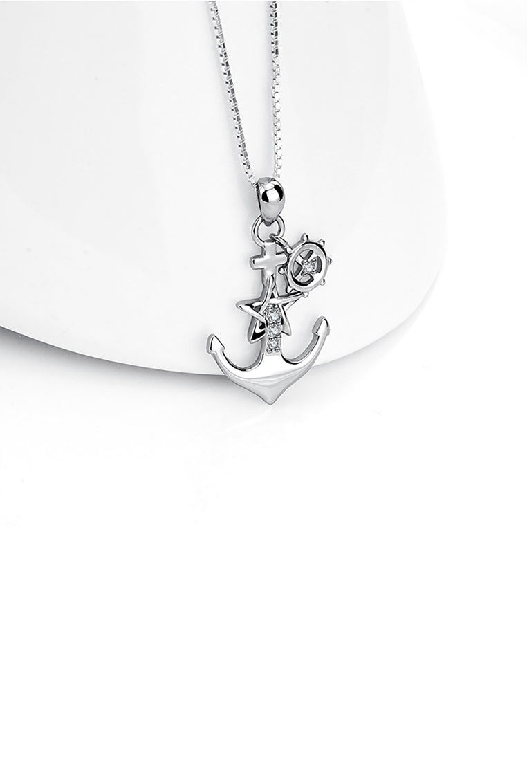 925 Sterling Silver Fashion Creative Five-pointed Star Anchor Pendant with Cubic Zirconia and Necklace - Luxurious Look