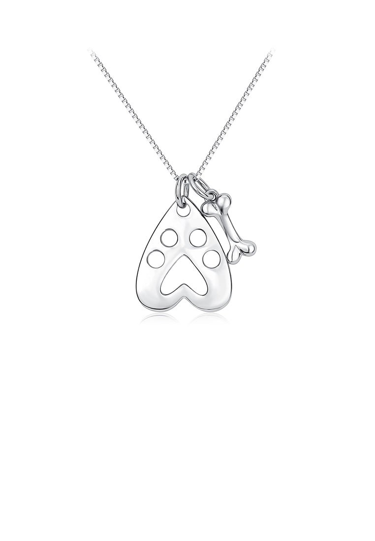 925 Sterling Silver Simple Cute Dog Footprint Heart Shaped Bone Pendant with Necklace