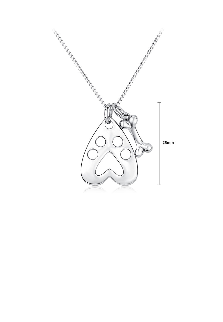 925 Sterling Silver Simple Cute Dog Footprint Heart Shaped Bone Pendant with Necklace