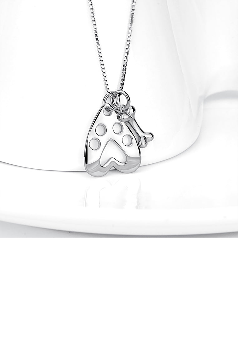 925 Sterling Silver Simple Cute Dog Footprint Heart Shaped Bone Pendant with Necklace
