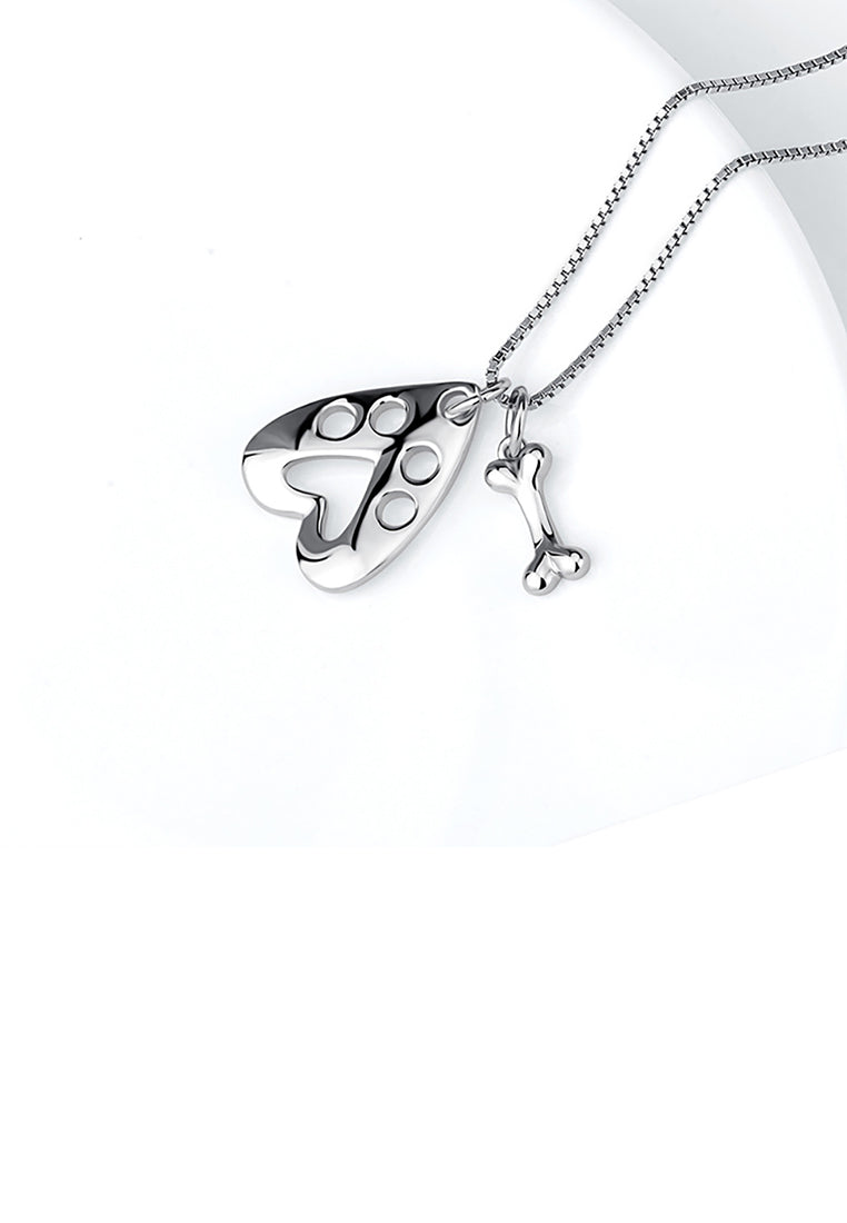 925 Sterling Silver Simple Cute Dog Footprint Heart Shaped Bone Pendant with Necklace