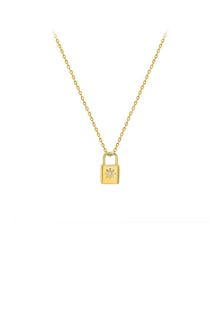 Simple Personality Plated Gold 316L Stainless Steel Lock Pendant with Cubic Zirconia and Necklace - Luxurious Look