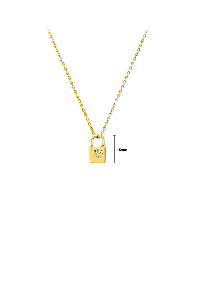 Simple Personality Plated Gold 316L Stainless Steel Lock Pendant with Cubic Zirconia and Necklace - Luxurious Look