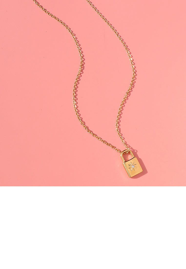 Simple Personality Plated Gold 316L Stainless Steel Lock Pendant with Cubic Zirconia and Necklace - Luxurious Look