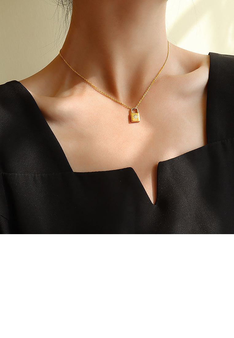 Simple Personality Plated Gold 316L Stainless Steel Lock Pendant with Cubic Zirconia and Necklace - Luxurious Look