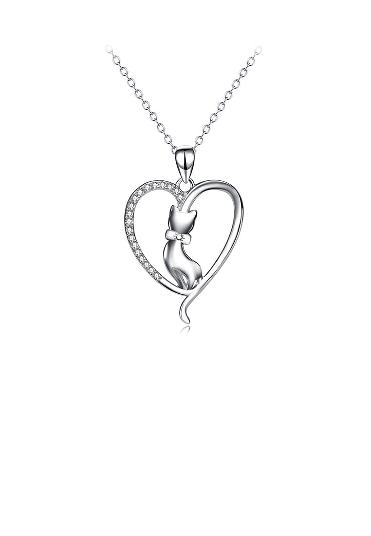 925 Sterling Silver Fashion Simple Heart Cat Pendant with Cubic Zirconia and Necklace - Luxurious Look