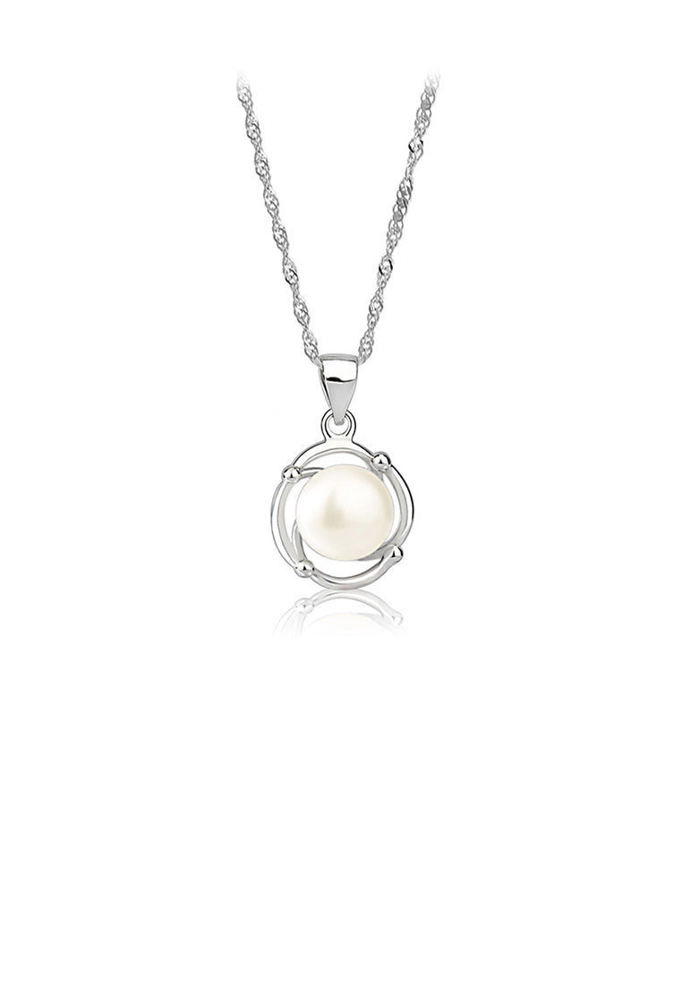 925 Sterling Silver Simple and Elegant Geometric Round White Freshwater Pearl Pendant with Necklace - Luxurious Look