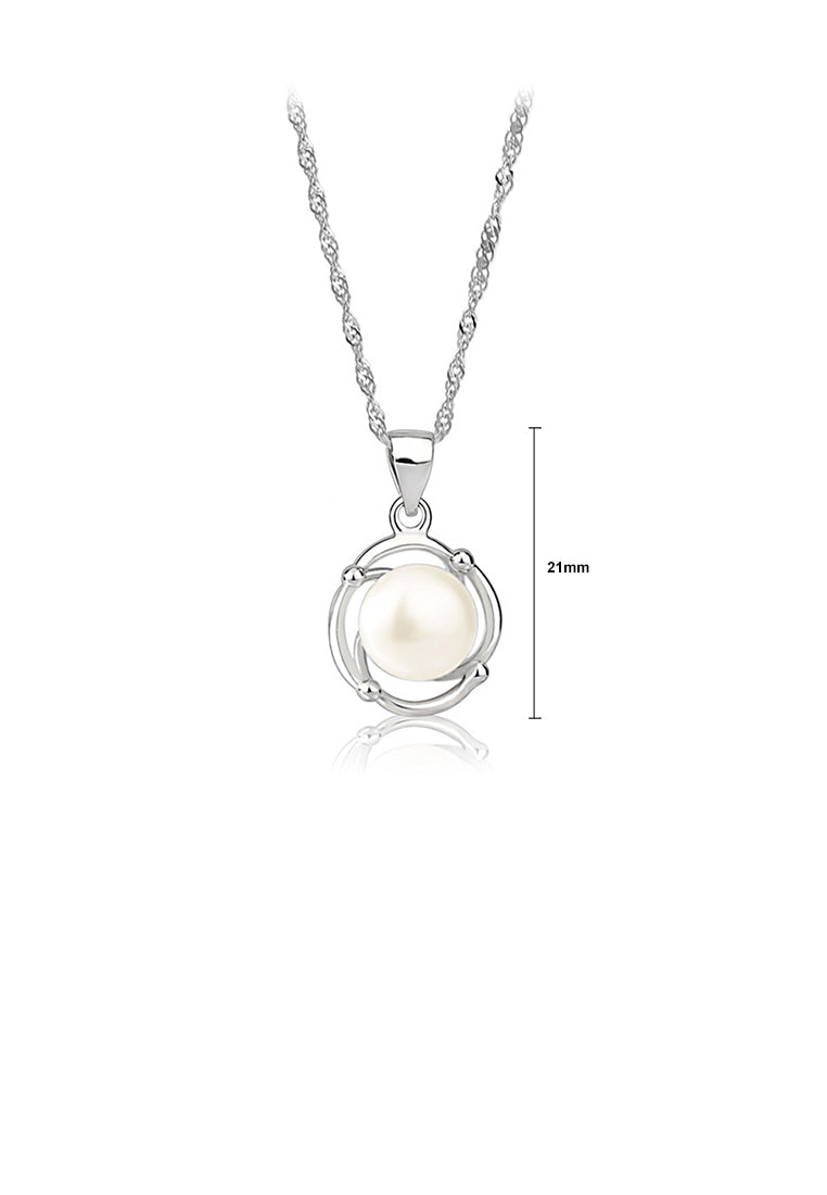 925 Sterling Silver Simple and Elegant Geometric Round White Freshwater Pearl Pendant with Necklace - Luxurious Look