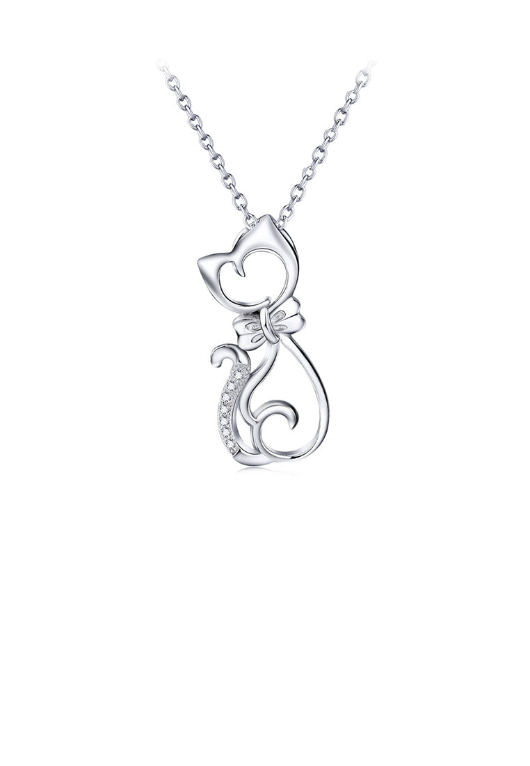 925 Sterling Silver Simple and Cute Cat Pendant with Cubic Zirconia and Necklace - Luxurious Look