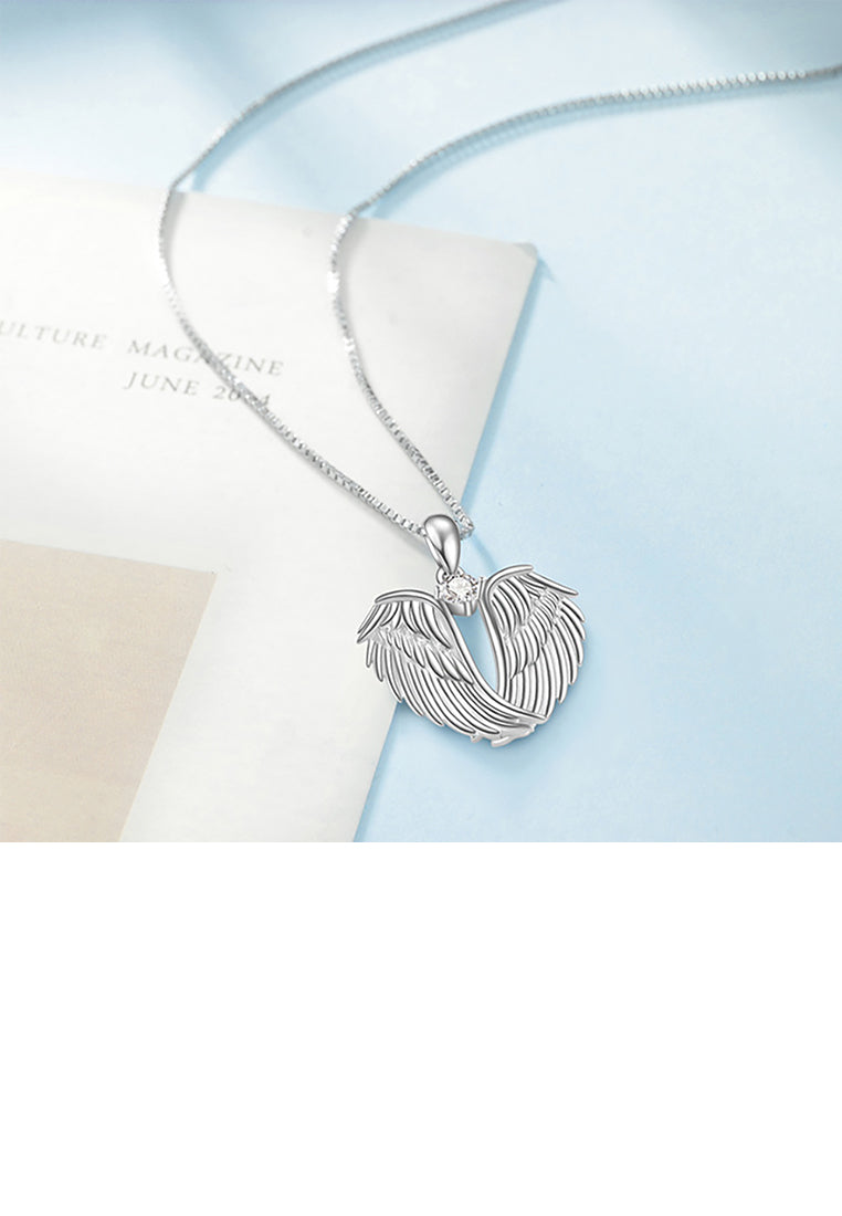 925 Sterling Silver Fashion Angel Wing Pendant with Cubic Zirconia and Necklace - Luxurious Look