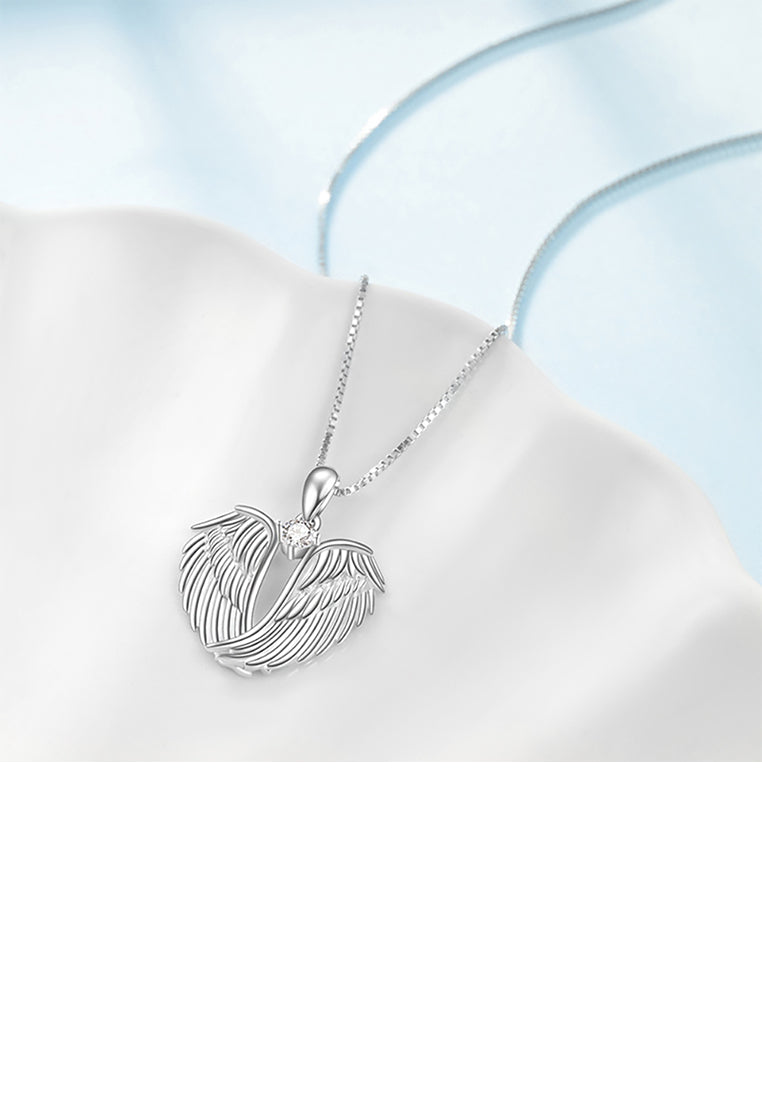 925 Sterling Silver Fashion Angel Wing Pendant with Cubic Zirconia and Necklace - Luxurious Look