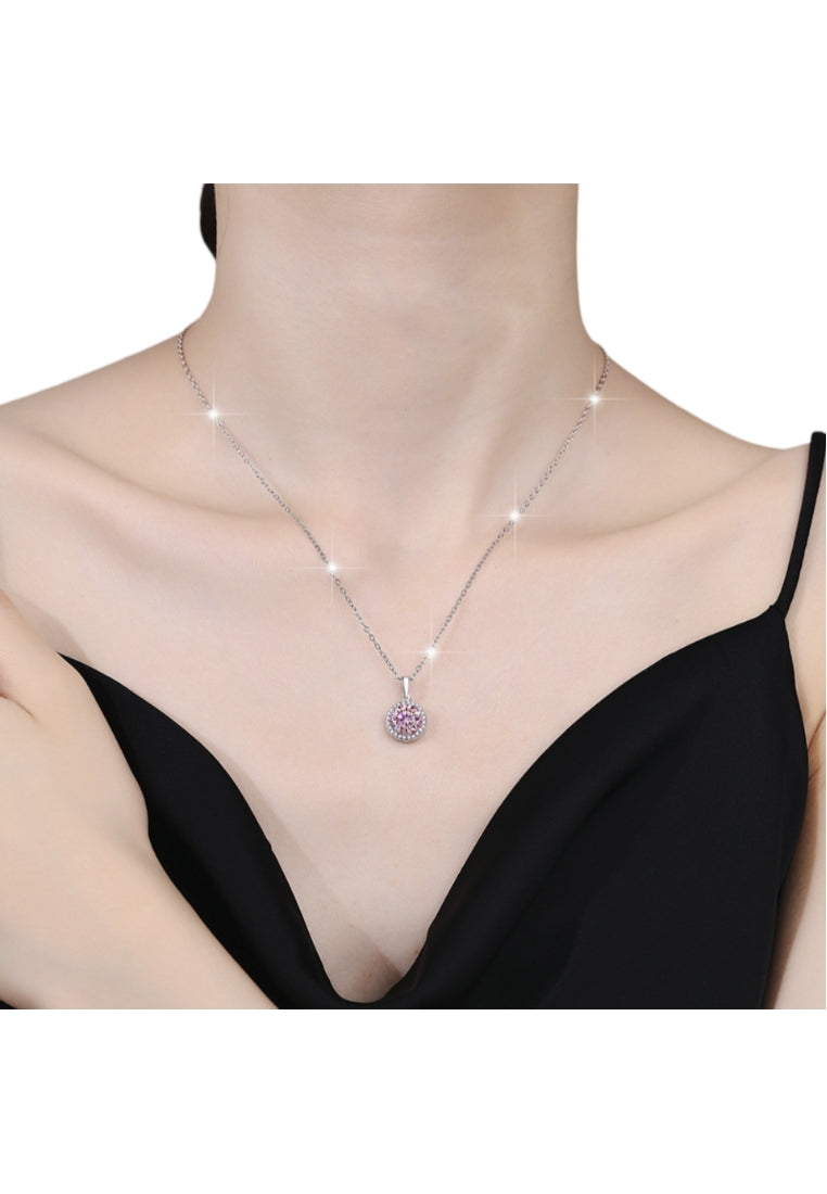 925 Sterling Silver Sparkling Sparkling Fashion Elegant Romantic Sweet Round Pendant and Necklace with Pink Austrian Element Crystal - Vibrant Color