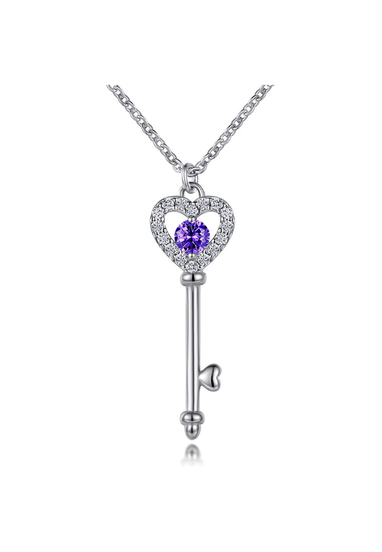 925 Sterling Silver Heart Key Pendant with Purple Austrian Element Crystal and Necklace