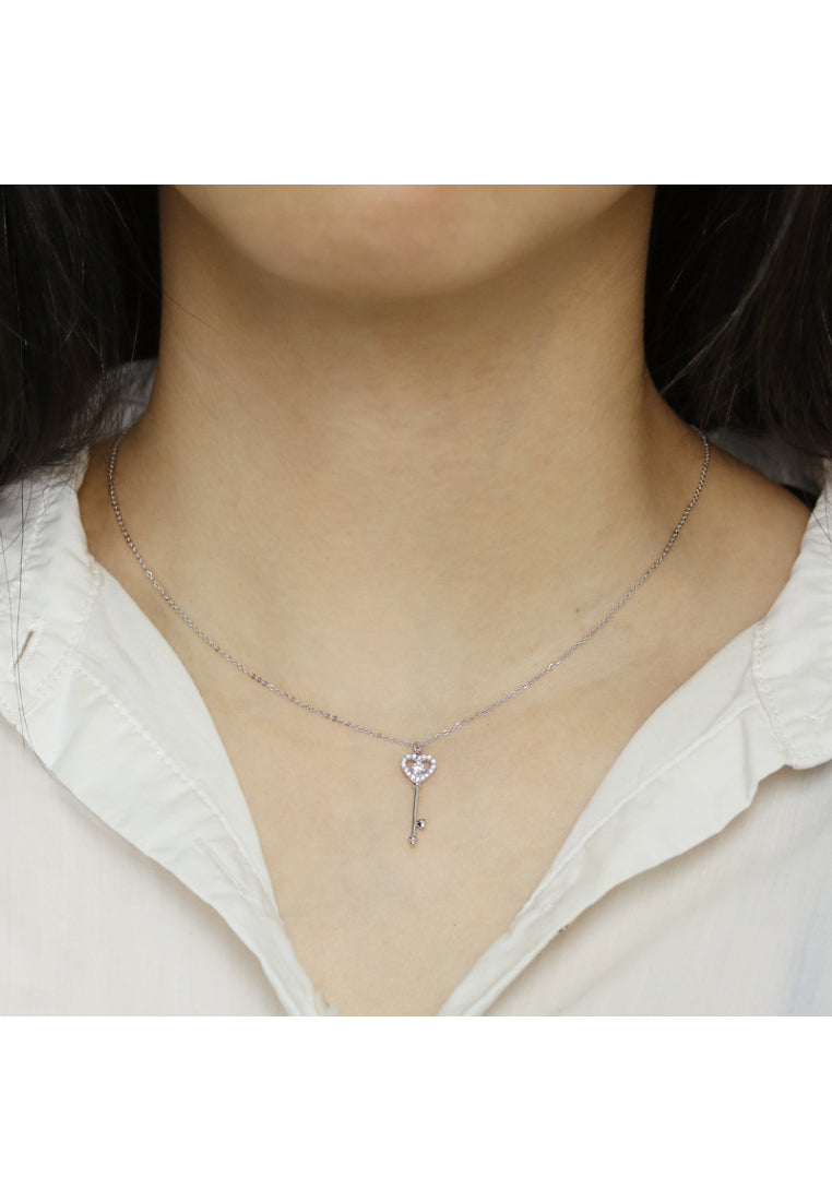 925 Sterling Silver Heart Key Pendant with Purple Austrian Element Crystal and Necklace