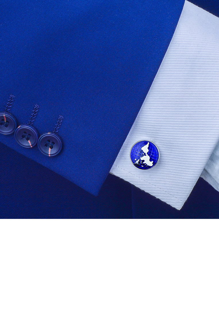 Fashion Elegant World Map Blue Geometric Round Cufflinks