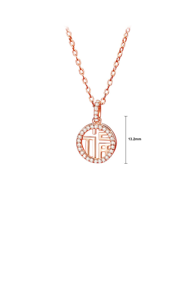 925 Sterling Silver Plated Rose Gold Fashion Vintage Chinese Character Of Luck Hollow Geometric Pendant with Cubic Zirconia and Necklace - Luxurious Look