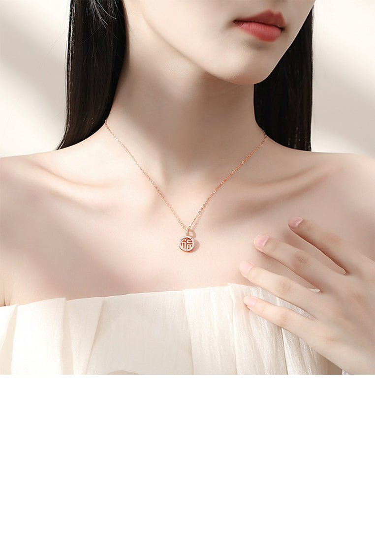 925 Sterling Silver Plated Rose Gold Fashion Vintage Chinese Character Of Luck Hollow Geometric Pendant with Cubic Zirconia and Necklace - Luxurious Look