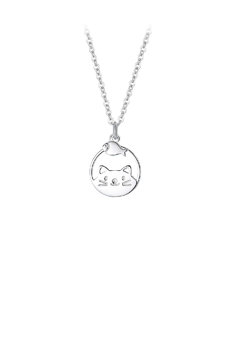 925 Sterling Silver Simple and Cute Hollow Cat and Fish Geometric Pendant with Necklace