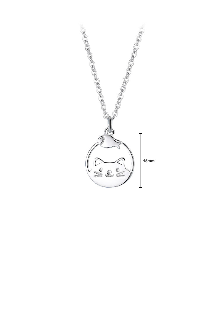925 Sterling Silver Simple and Cute Hollow Cat and Fish Geometric Pendant with Necklace