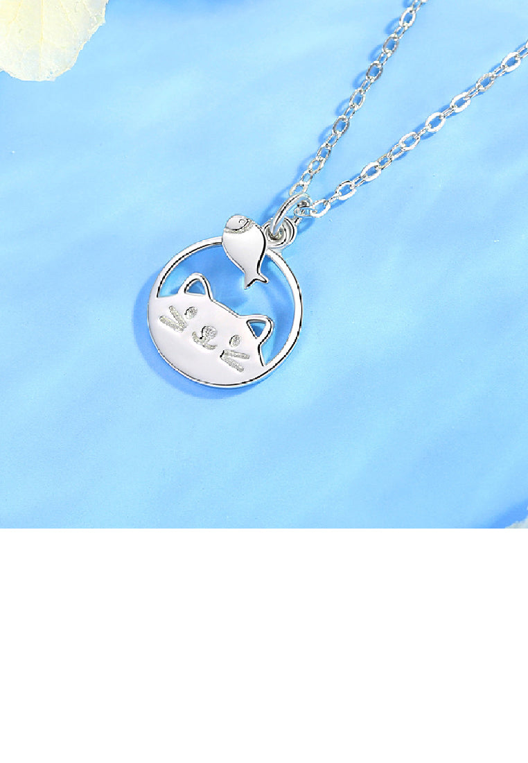 925 Sterling Silver Simple and Cute Hollow Cat and Fish Geometric Pendant with Necklace