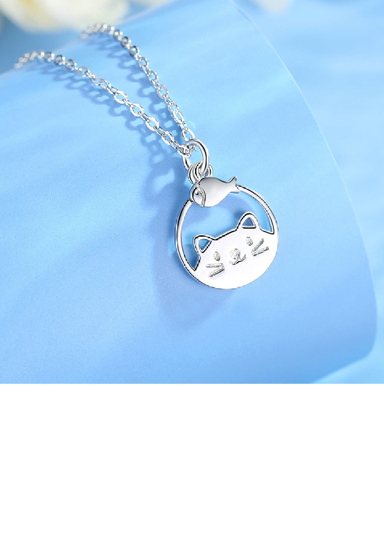 925 Sterling Silver Simple and Cute Hollow Cat and Fish Geometric Pendant with Necklace