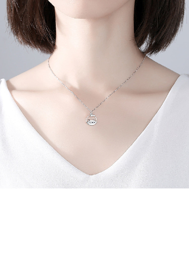 925 Sterling Silver Simple and Cute Hollow Cat and Fish Geometric Pendant with Necklace
