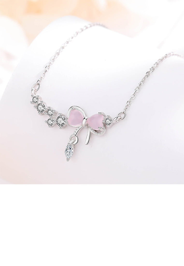925 Sterling Silver Fashion Sweet Ribbon Pendant with Cubic Zirconia and Necklace - Luxurious Look