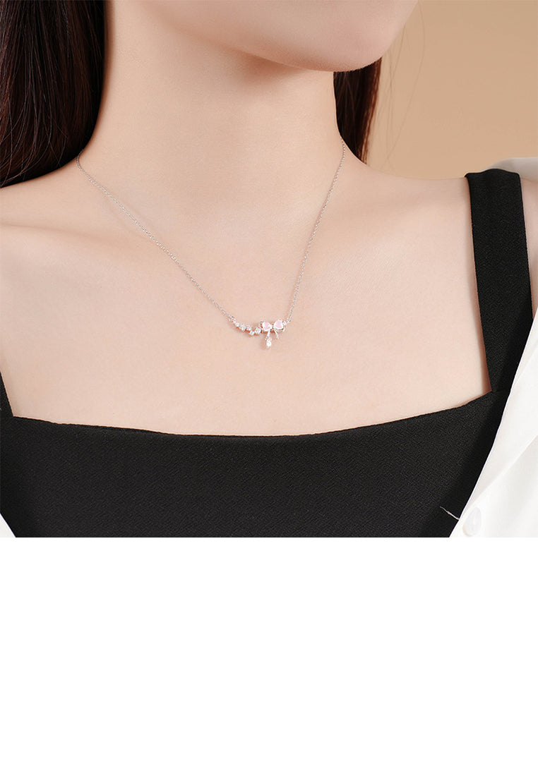 925 Sterling Silver Fashion Sweet Ribbon Pendant with Cubic Zirconia and Necklace - Luxurious Look