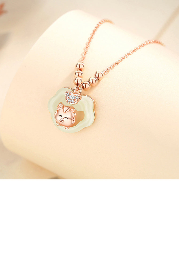 925 Sterling Silver Plated Rose Gold Fashion Vintage Zodiac Dragon Ruyi Lock Pendant with Cubic Zirconia and Necklace - Luxurious Look