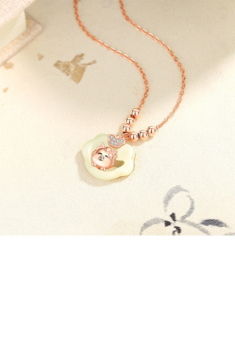 925 Sterling Silver Plated Rose Gold Fashion Vintage Zodiac Dragon Ruyi Lock Pendant with Cubic Zirconia and Necklace - Luxurious Look
