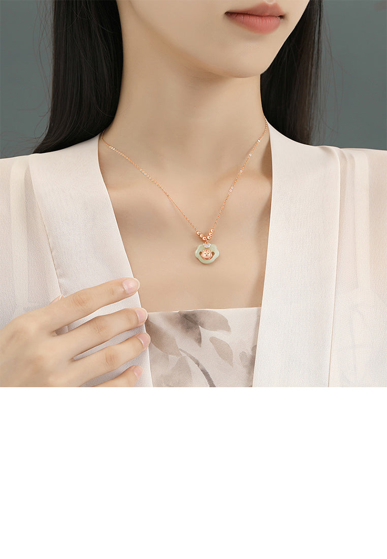 925 Sterling Silver Plated Rose Gold Fashion Vintage Zodiac Dragon Ruyi Lock Pendant with Cubic Zirconia and Necklace - Luxurious Look