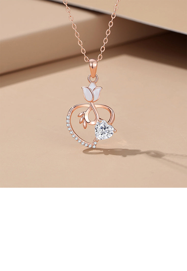 925 Sterling Silver Plated Rose Gold Fashion Temperament Tulip Heart Pendant with Cubic Zirconia and Necklace - Luxurious Look