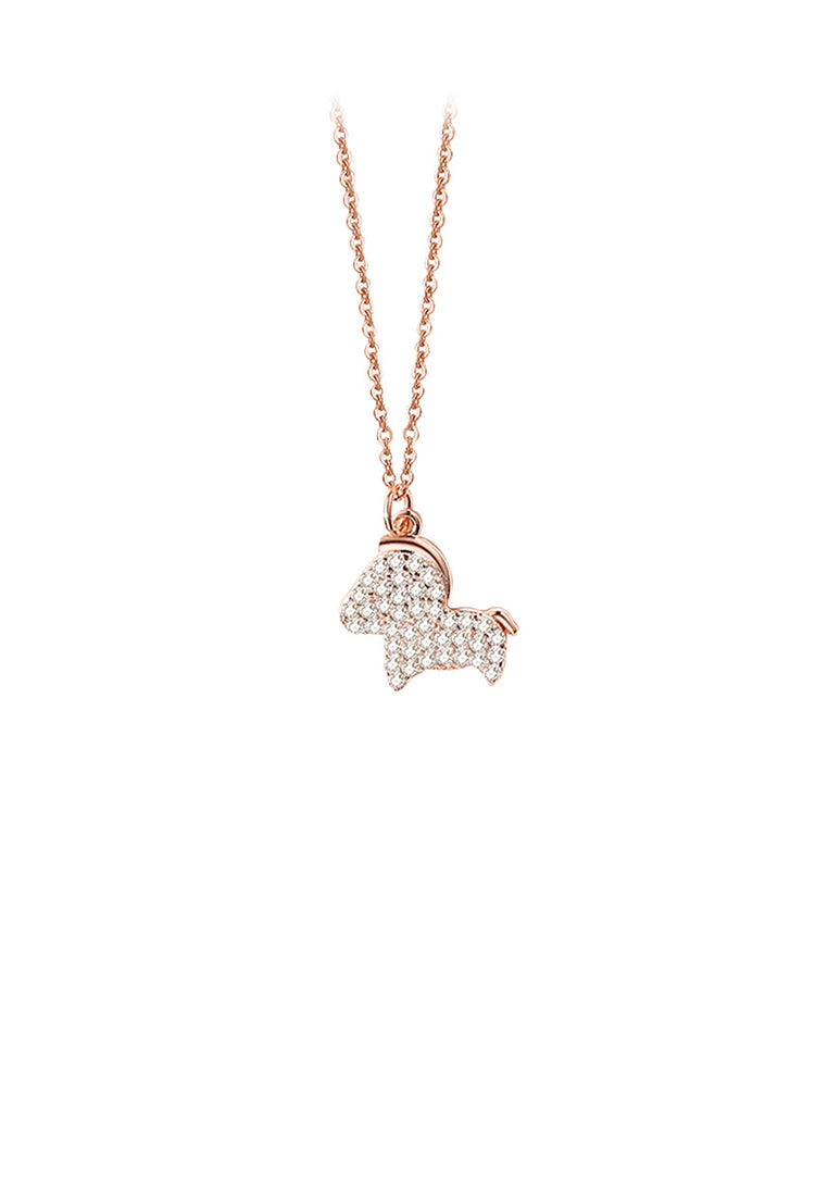 925 Sterling Silver Plated Rose Gold Simple and Bright Zodiac Horse Pendant with Cubic Zirconia and Necklace - Luxurious Look