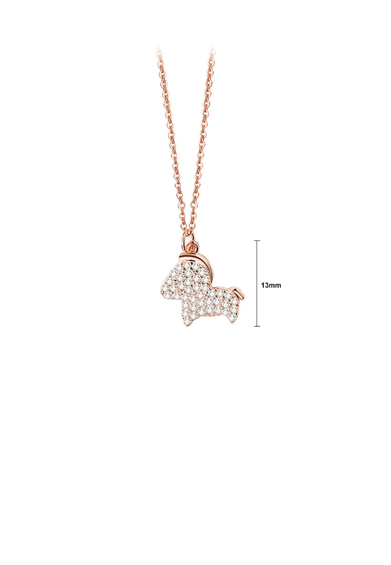 925 Sterling Silver Plated Rose Gold Simple and Bright Zodiac Horse Pendant with Cubic Zirconia and Necklace - Luxurious Look