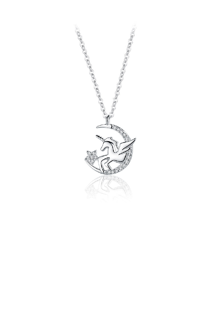925 Sterling Silver Fashion Temperament Unicorn Moon Pendant with Cubic Zirconia and Necklace - Luxurious Look