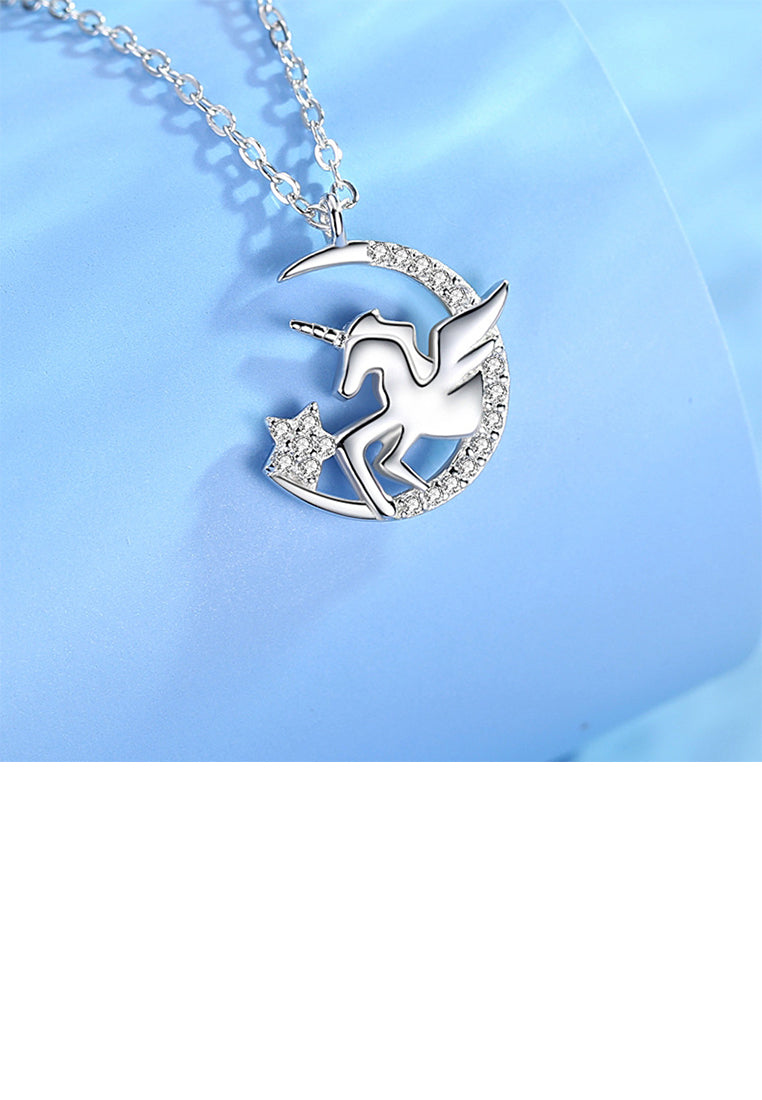925 Sterling Silver Fashion Temperament Unicorn Moon Pendant with Cubic Zirconia and Necklace - Luxurious Look