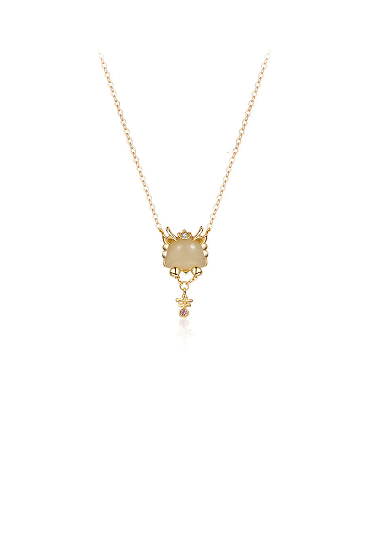 925 Sterling Silver Plated Gold Fashion Vintage Zodiac Dragon Pendant with Cubic Zirconia and Necklace - Luxurious Look
