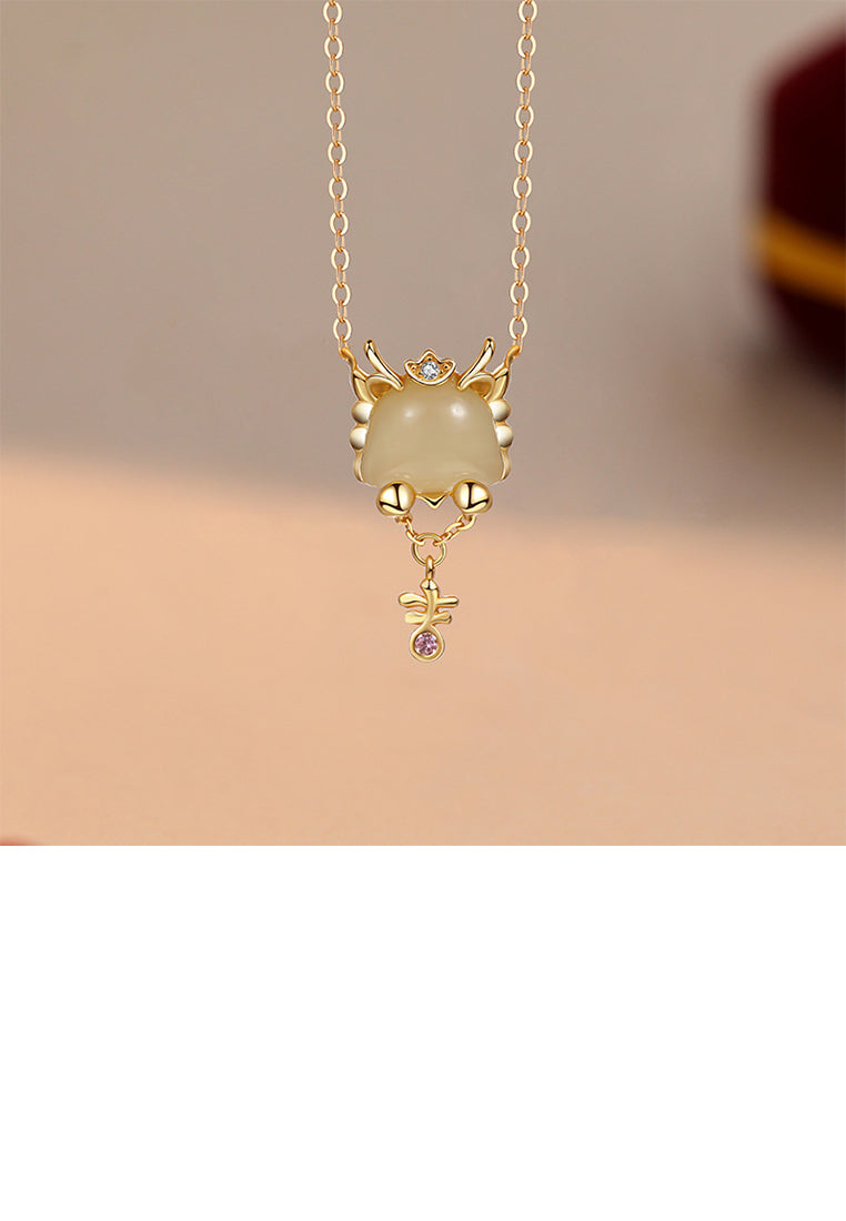 925 Sterling Silver Plated Gold Fashion Vintage Zodiac Dragon Pendant with Cubic Zirconia and Necklace - Luxurious Look