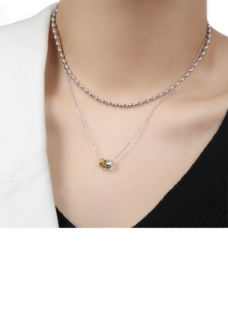925 Sterling Silver Fashion and Simple Two-color Geometric Ring Pendant with Necklace