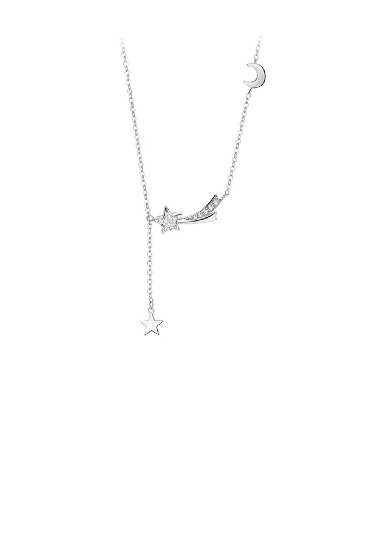 925 Sterling Silver Simple Fashion Meteor Moon Tassel Pendant with Cubic Zirconia and Necklace - Luxurious Look