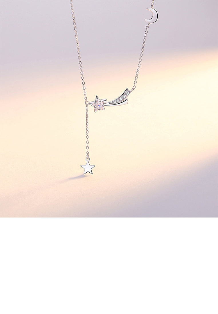925 Sterling Silver Simple Fashion Meteor Moon Tassel Pendant with Cubic Zirconia and Necklace - Luxurious Look