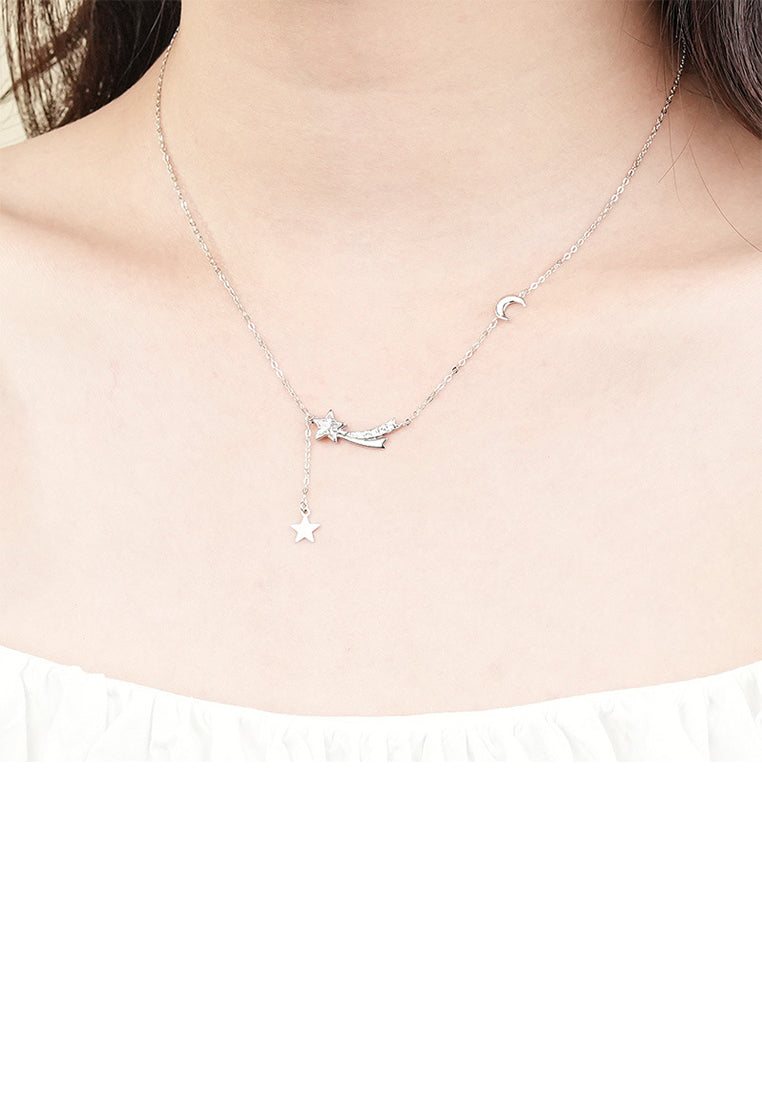 925 Sterling Silver Simple Fashion Meteor Moon Tassel Pendant with Cubic Zirconia and Necklace - Luxurious Look