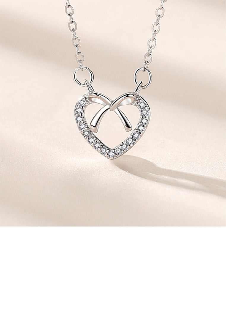 925 Sterling Silver Fashion Simple Ribbon Heart Pendant with Cubic Zirconia and Necklace - Luxurious Look