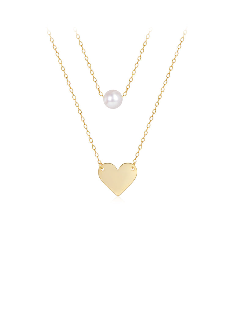925 Sterling Silver Plated Gold Fashion Simple Heart-shaped Pendant with Imitation Pearls and Double-layer Necklace