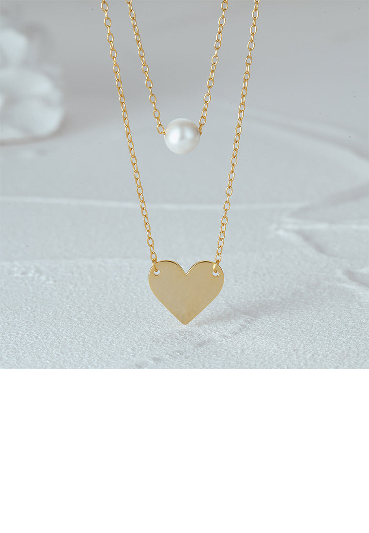 925 Sterling Silver Plated Gold Fashion Simple Heart-shaped Pendant with Imitation Pearls and Double-layer Necklace