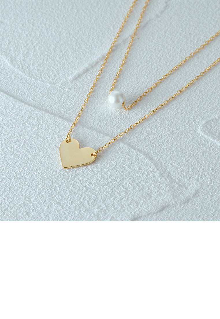 925 Sterling Silver Plated Gold Fashion Simple Heart-shaped Pendant with Imitation Pearls and Double-layer Necklace