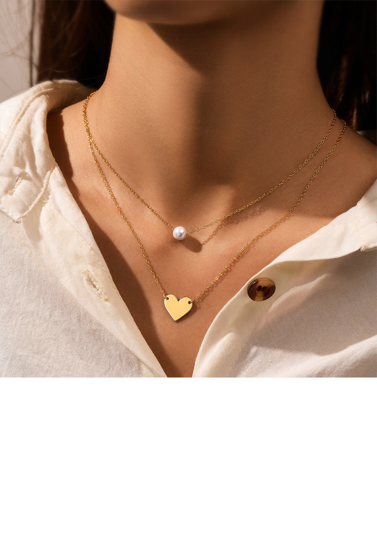 925 Sterling Silver Plated Gold Fashion Simple Heart-shaped Pendant with Imitation Pearls and Double-layer Necklace