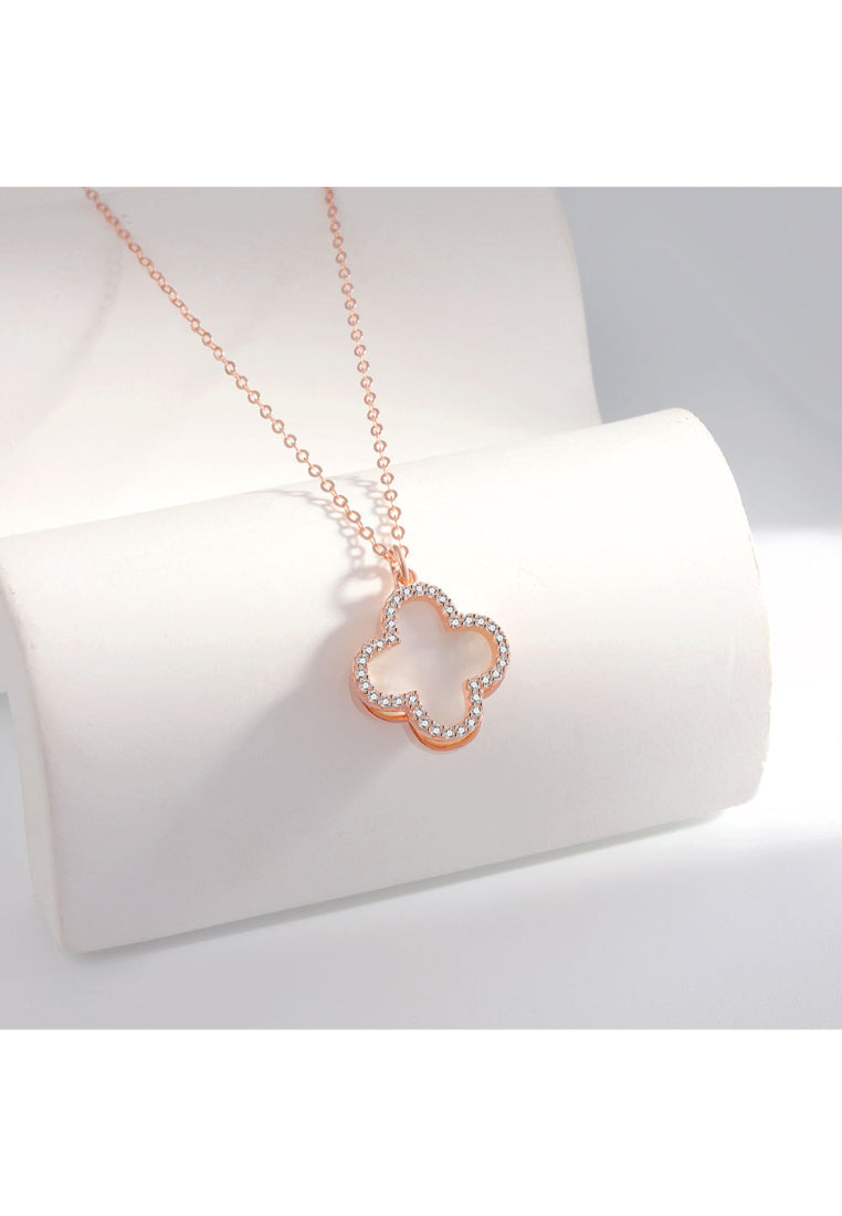 925 Sterling Silver Plated Rose Gold Fashion and Simple Four-leafed Clover Pendant with Cubic Zirconia and Necklace - Luxurious Look