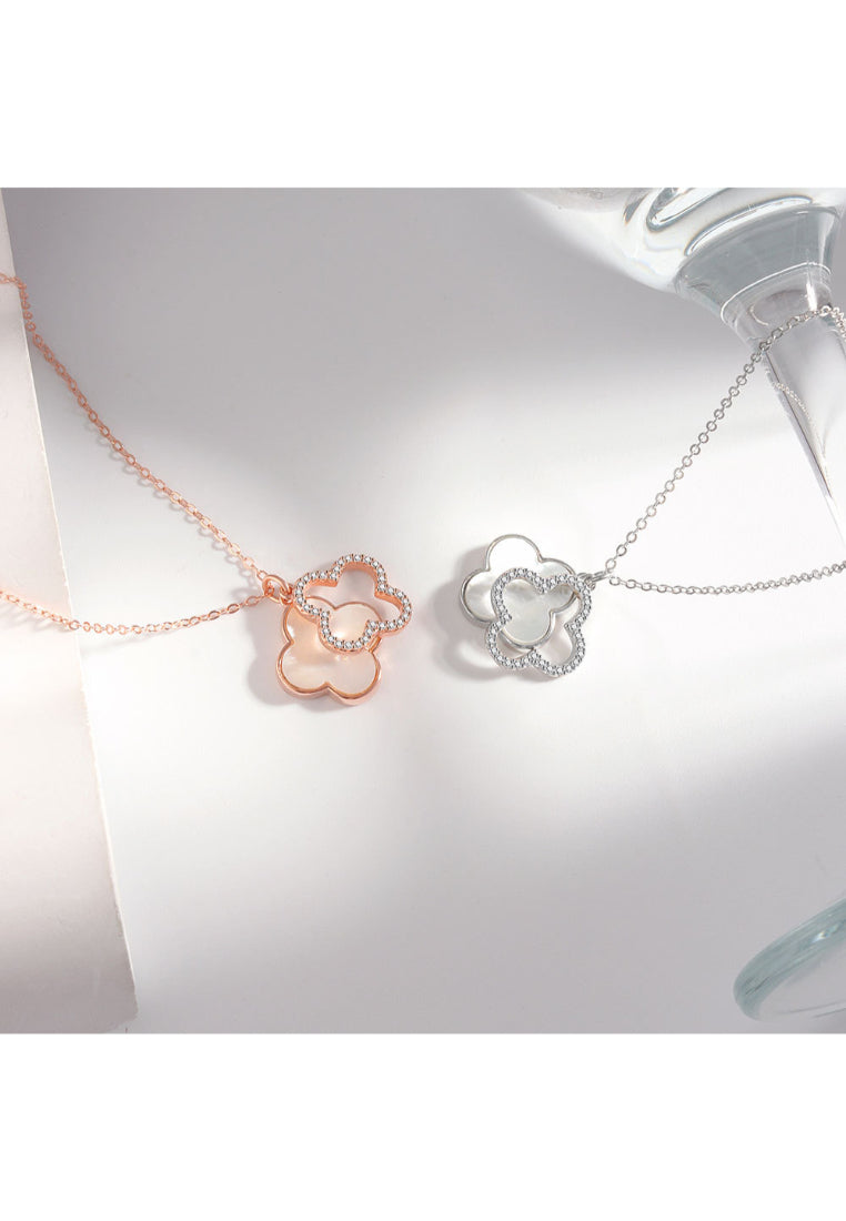 925 Sterling Silver Plated Rose Gold Fashion and Simple Four-leafed Clover Pendant with Cubic Zirconia and Necklace - Luxurious Look